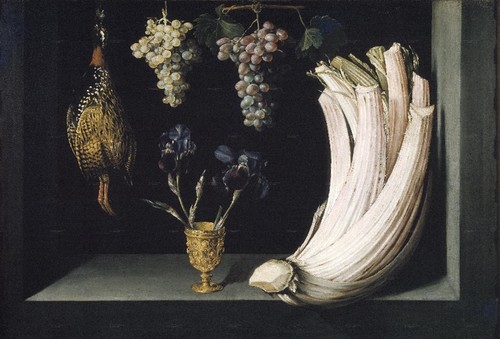 Bodegón con cardo, francolín, uvas y lirios. Pintado por Felipe Ramírez en 1628, conservado (pero no expuesto) en el Museo del Prado. 